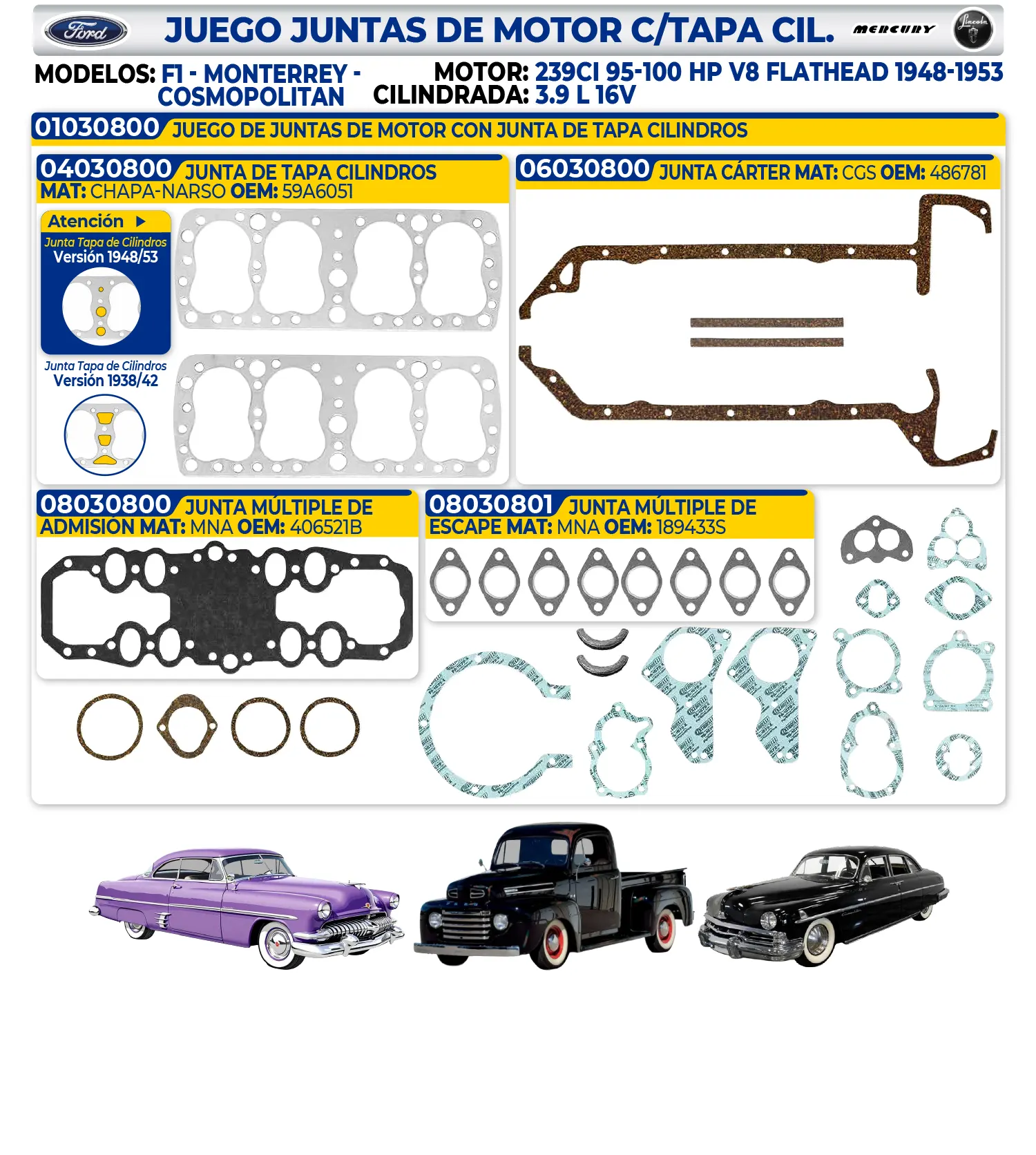 FORD, MERCURY, LINCOLN – JUEGO JUNTAS DE MOTOR C/TAPA CIL