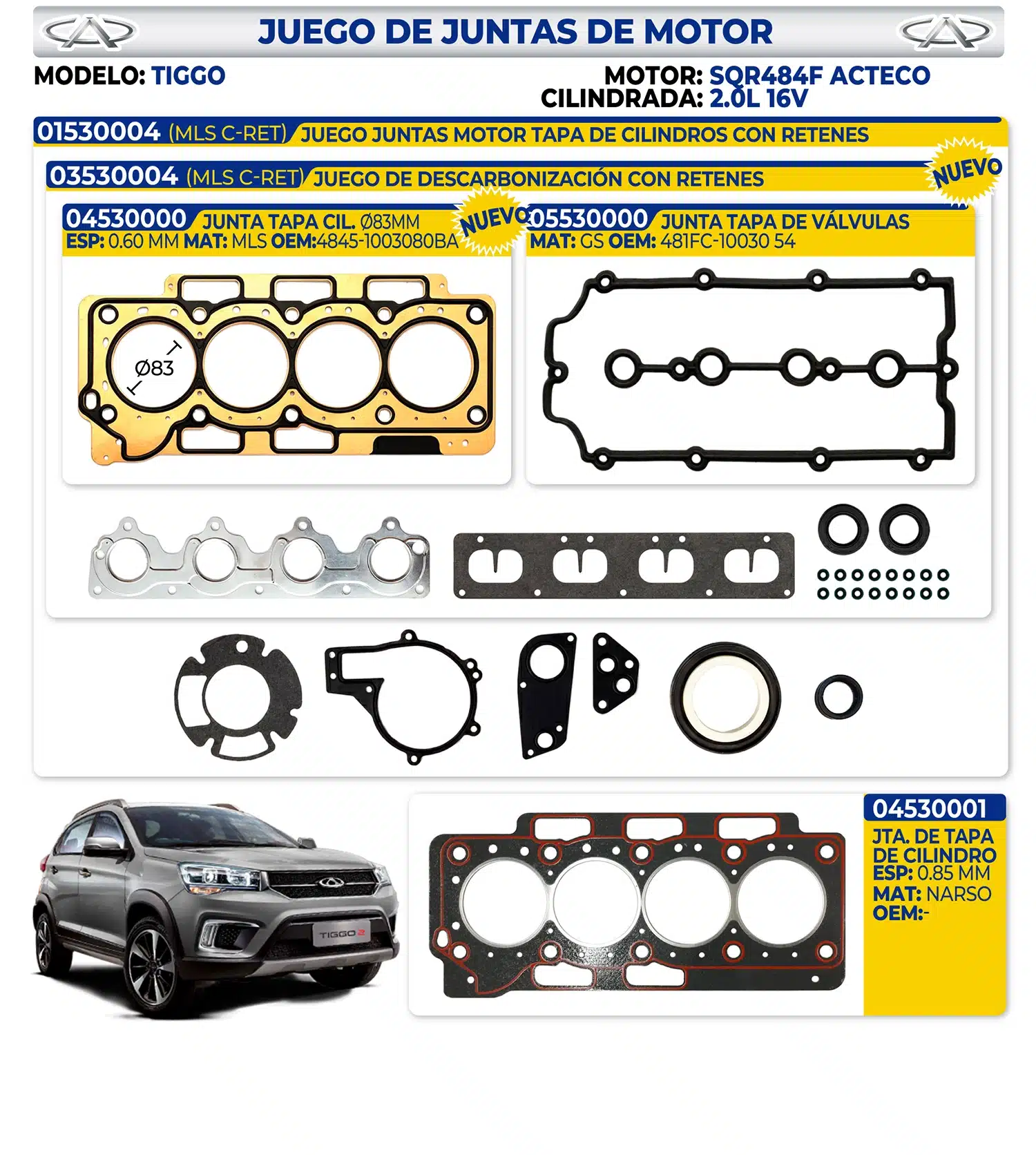 CHERY – JUEGO DE JUNTAS DE MOTOR